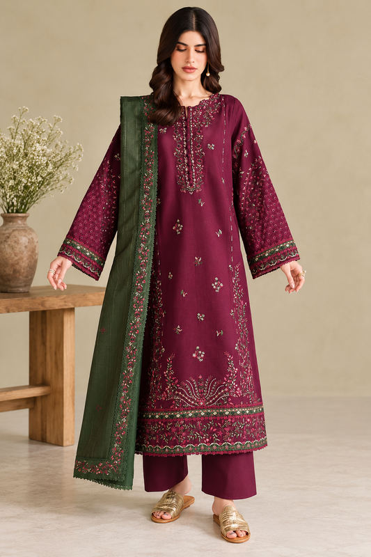 3 Piece Unstitched Embroidered Suit